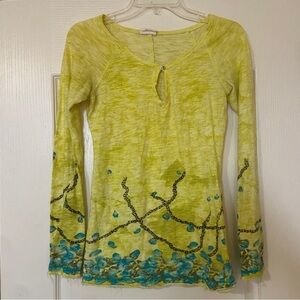 Free People Green and Blue Blouse with Artistic Design